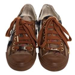 Pre Owned Burberry Brown Leather And Nova Check Quilted Canvas Low Top Sneakers Size 37