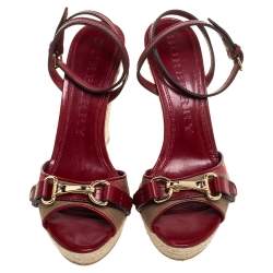 Pre Owned Burberry Red Leather and House Check Canvas Tenbury Ankle Strap Wedge Platform Sandals Size 39