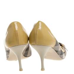 Burberry Yellow/Beige Check PVC and Patent Leather Buckle Peep Toe Pumps Size 38