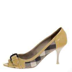 Burberry Yellow/Beige Check PVC and Patent Leather Buckle Peep Toe Pumps Size 38