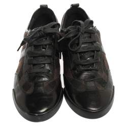 Pre Owned Burberry Black Leather And Check Canvas Low Top Sneakers Size 38