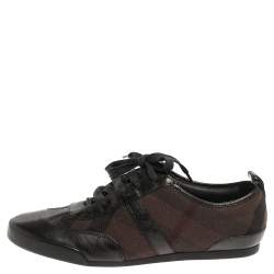 Pre Owned Burberry Black Leather And Check Canvas Low Top Sneakers Size 38