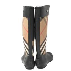 Pre Owned حذاء بوت مطر بربري كليمينس مطاط و كانفاس مربعات هاويس بيج و أسود مقاس 36