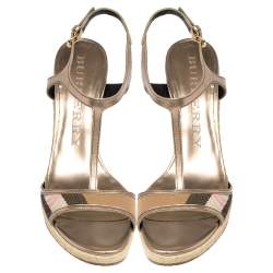 Burberry Metallic Bronze Leather And House Check Fabric T-Strap Espadrille Sandals Size 39