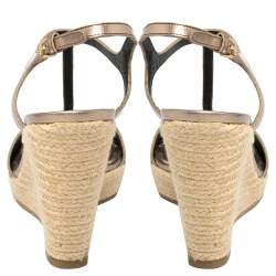 Burberry Metallic Bronze Leather And House Check Fabric T-Strap Espadrille Sandals Size 39