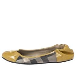 Burberry Beige Patent Leather And Nova Check Canvas Scrunch Ballet Flats Size 37