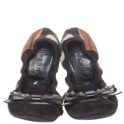 Pre Owned Burberry Beige/Black Nova Check Suede And Canvas Scrunch Ballet Flats Size 36