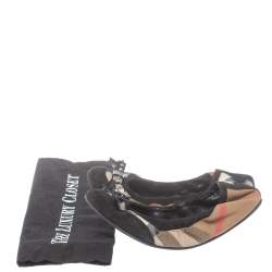 Pre Owned Burberry Beige/Black Nova Check Suede And Canvas Scrunch Ballet Flats Size 36