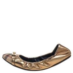 Burberry Nova Check Canvas And Metallic Gold Leather Southwark Scrunch Ballet Flats Size 38