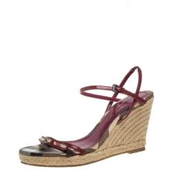 Burberry Pink Patent Leather And Nova Check Canvas Ankle Strap Espadrille Wedge Sandals Size 37