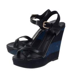 مملوكة مسبقًا صندل بربري سيور متعاكسة كعب روكي فتحة كعب نعل سميك كانفاس و جلد أسود مقاس 37