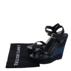 مملوكة مسبقًا صندل بربري سيور متعاكسة كعب روكي فتحة كعب نعل سميك كانفاس و جلد أسود مقاس 37