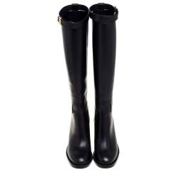 Burberry Black Leather Logo Buckle Embellished Knee High Boots Size 37