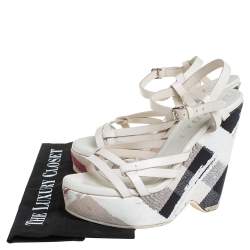 Burberry White Leather And Canvas Strappy Wedge Platform Ankle Strap Sandals Size 38