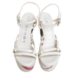 Burberry White Leather And Canvas Strappy Wedge Platform Ankle Strap Sandals Size 38