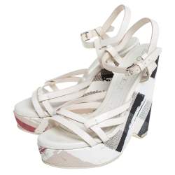 Burberry White Leather And Canvas Strappy Wedge Platform Ankle Strap Sandals Size 38