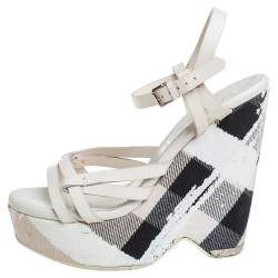 Burberry White Leather And Canvas Strappy Wedge Platform Ankle Strap Sandals Size 38