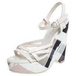 Burberry White Leather And Canvas Strappy Wedge Platform Ankle Strap Sandals Size 38