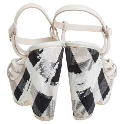 Burberry White Leather And Canvas Strappy Wedge Platform Ankle Strap Sandals Size 38