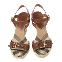 Pre Owned صندل بربري سير ملتف كعب روكي اسبادريل نعل سميك جلد و كانفاس بني مقاس 40