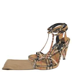 Pre Owned Burberry Beige Novacheck Canvas Hans T-Strap Sandals Size 37