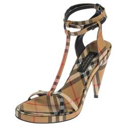 Pre Owned Burberry Beige Novacheck Canvas Hans T-Strap Sandals Size 37