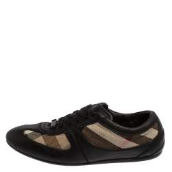 Pre Owned Burberry Black Leather And Check Canvas Low Top Sneakers Size 37