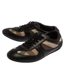 Pre Owned Burberry Black Leather And Check Canvas Low Top Sneakers Size 37