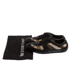 Pre Owned Burberry Black Leather And Check Canvas Low Top Sneakers Size 37
