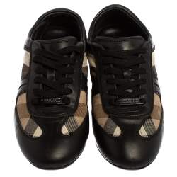 Pre Owned Burberry Black Leather And Check Canvas Low Top Sneakers Size 37