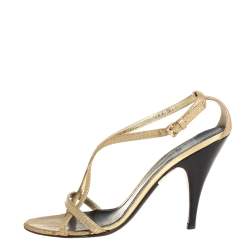 Burberry Gold Textured Leather Criss Cross Ankle Strap Sandals Size 38