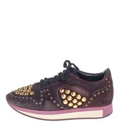 Burberry Burgundy Suede And Satin Studded Low Top Sneakers Size 38