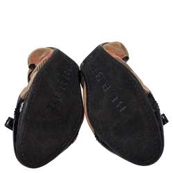 Pre Owned حذاء باليرينا فلات بربري جلد و كانفاس كاروهات نوفا تشيك أسود/بيج مجعد مقاس 38