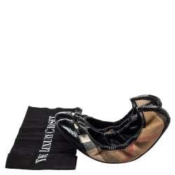 Pre Owned حذاء باليرينا فلات بربري جلد و كانفاس كاروهات نوفا تشيك أسود/بيج مجعد مقاس 38