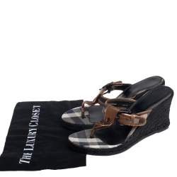 Burberry Metallic Bronze Leather Wedge Espadrille Thong Slide Sandals Size 39