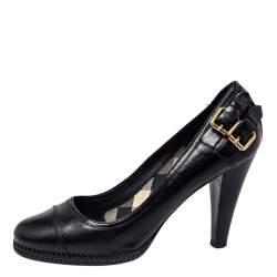 Pre Owned Burberry Black  Leather  Buckle Block Heel Pumps Size 38