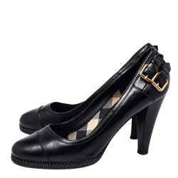 Pre Owned Burberry Black  Leather  Buckle Block Heel Pumps Size 38