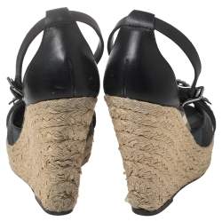 Burberry Black Leather and Novacheck Canvas Buckle Detail Peep Toe Espadrille Wedge Sandals Size 36