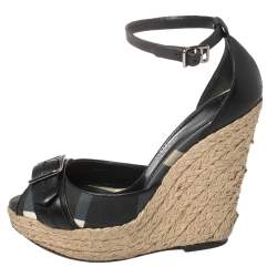 Burberry Black Leather and Novacheck Canvas Buckle Detail Peep Toe Espadrille Wedge Sandals Size 36