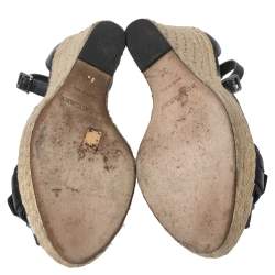 Burberry Black Leather and Novacheck Canvas Buckle Detail Peep Toe Espadrille Wedge Sandals Size 36