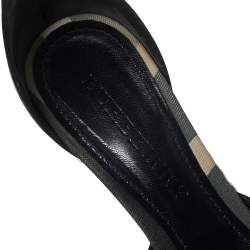 Burberry Black Leather and Novacheck Canvas Buckle Detail Peep Toe Espadrille Wedge Sandals Size 36