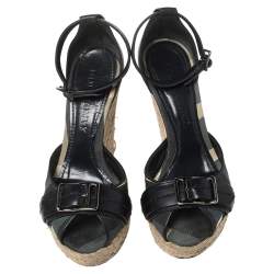Burberry Black Leather and Novacheck Canvas Buckle Detail Peep Toe Espadrille Wedge Sandals Size 36