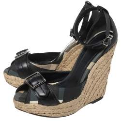 Burberry Black Leather and Novacheck Canvas Buckle Detail Peep Toe Espadrille Wedge Sandals Size 36