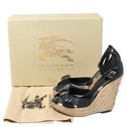 Burberry Black Leather and Novacheck Canvas Buckle Detail Peep Toe Espadrille Wedge Sandals Size 36