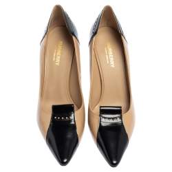Pre Owned Burberry Beige/Black Brogue Patent and Leather Eldmon Pumps Size 38.5