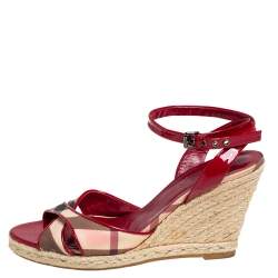 Burberry Red/Beige Nova Check Canvas and Patent Leather Cross Strap Espadrille  Wedge Sandals Size  Burberry | TLC
