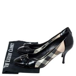 Pre Owned Burberry Black Nova Check Coated Canvas and Patent Leather Buckle Round Toe Pumps Size 38
