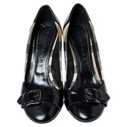 Pre Owned Burberry Black Nova Check Coated Canvas and Patent Leather Buckle Round Toe Pumps Size 38