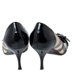 Pre Owned Burberry Black Nova Check Coated Canvas and Patent Leather Buckle Round Toe Pumps Size 38