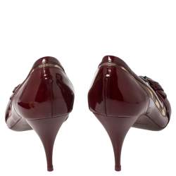 Pre Owned Burberry Burgundy Patent Leather And Nova Check Canvas Buckle Detail Peep Toe Pumps Size 40